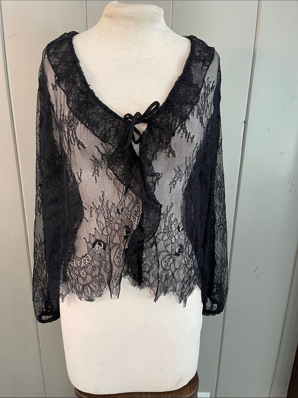 Old Navy Black Blouse Sheer Lace Witchy Goth Glam Halloween Wednesday Adams